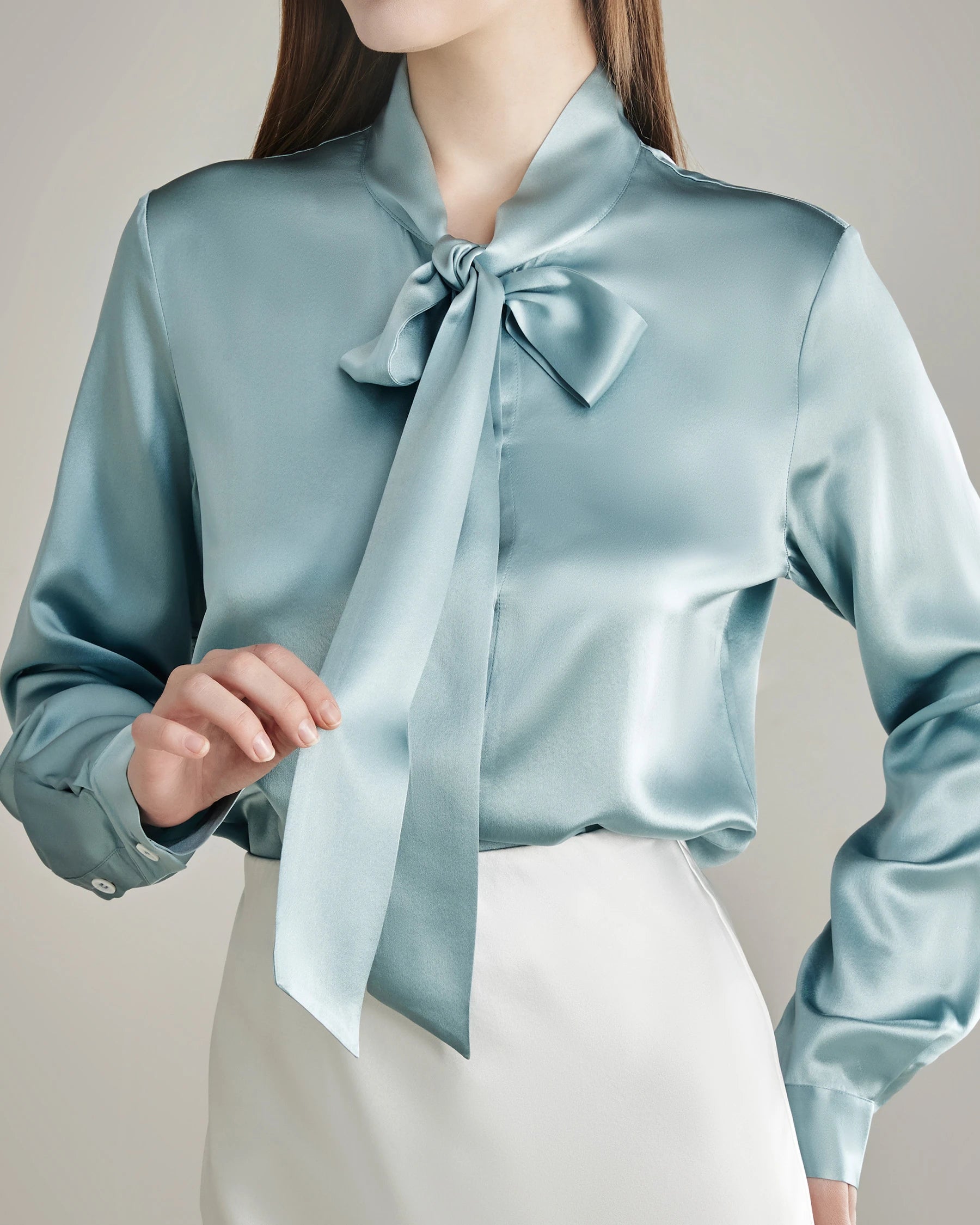 Elegant Silk Bow Tie Blouse Haze Blue