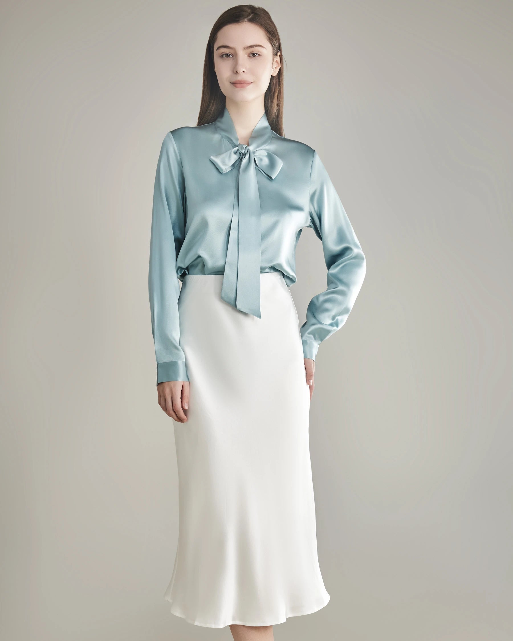 Elegant Silk Bow Tie Blouse Haze Blue