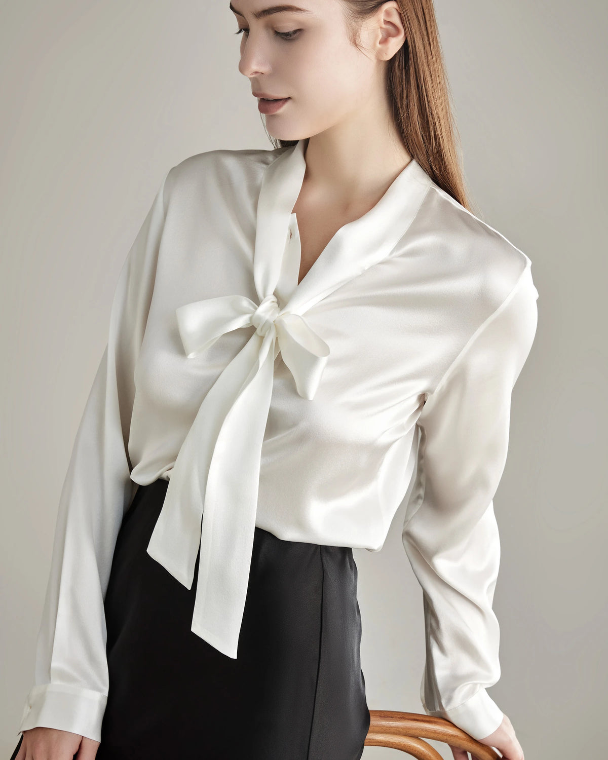 22 Momme Elegant Silk Bow Tie Blouse