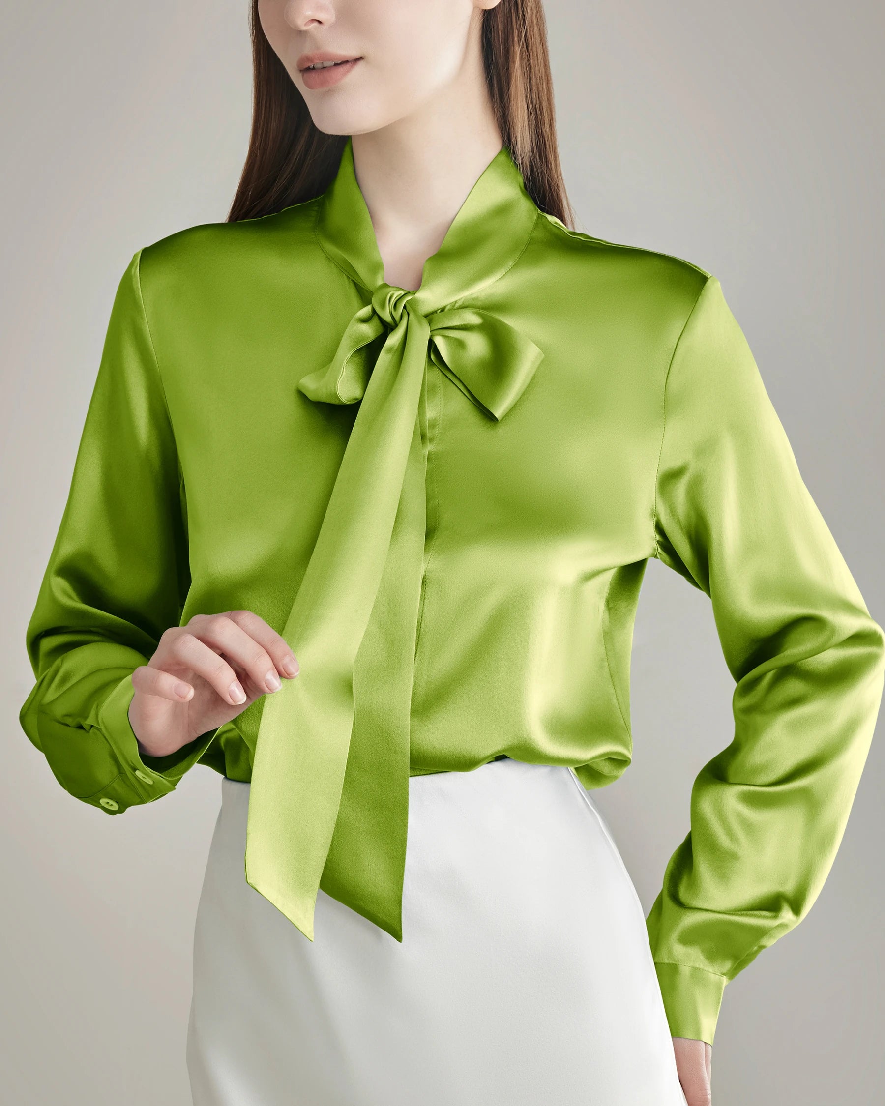 Elegant Silk Bow Tie Blouse, Mustard Green