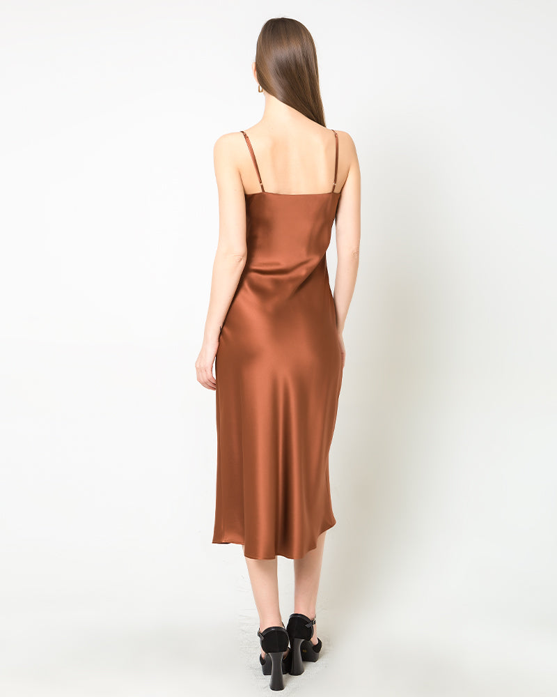 Elegant Silk Dress with Light Cowl Neckline, Brown