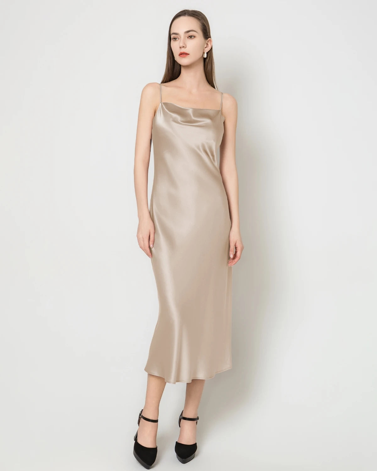 Elegant Silk Dress with Light Cowl Neckline, Champagne