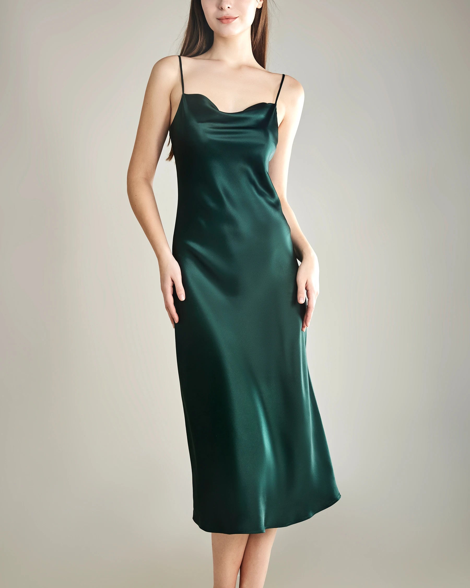 Elegant Silk Dress with Light Cowl Neckline, Emerald