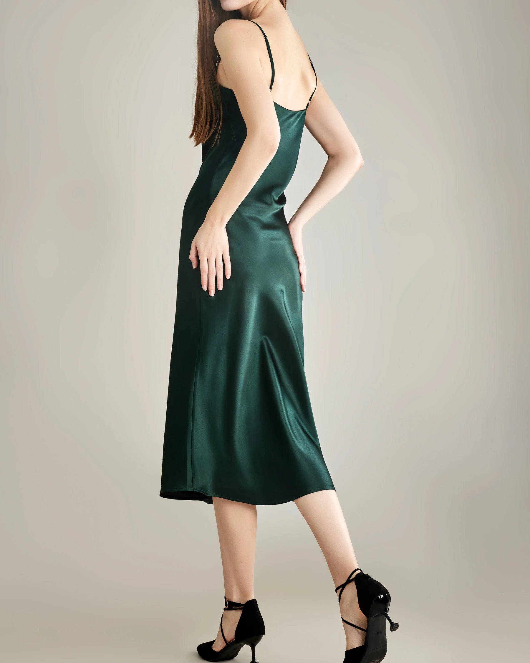 Elegant Silk Dress with Light Cowl Neckline, Emerald