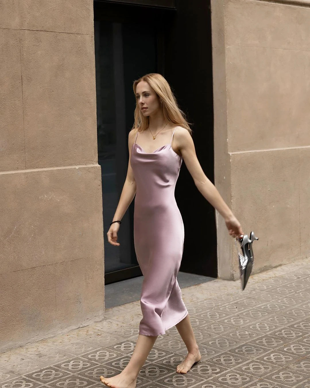 Elegant Silk Dress with Light Cowl Neckline, Mauve