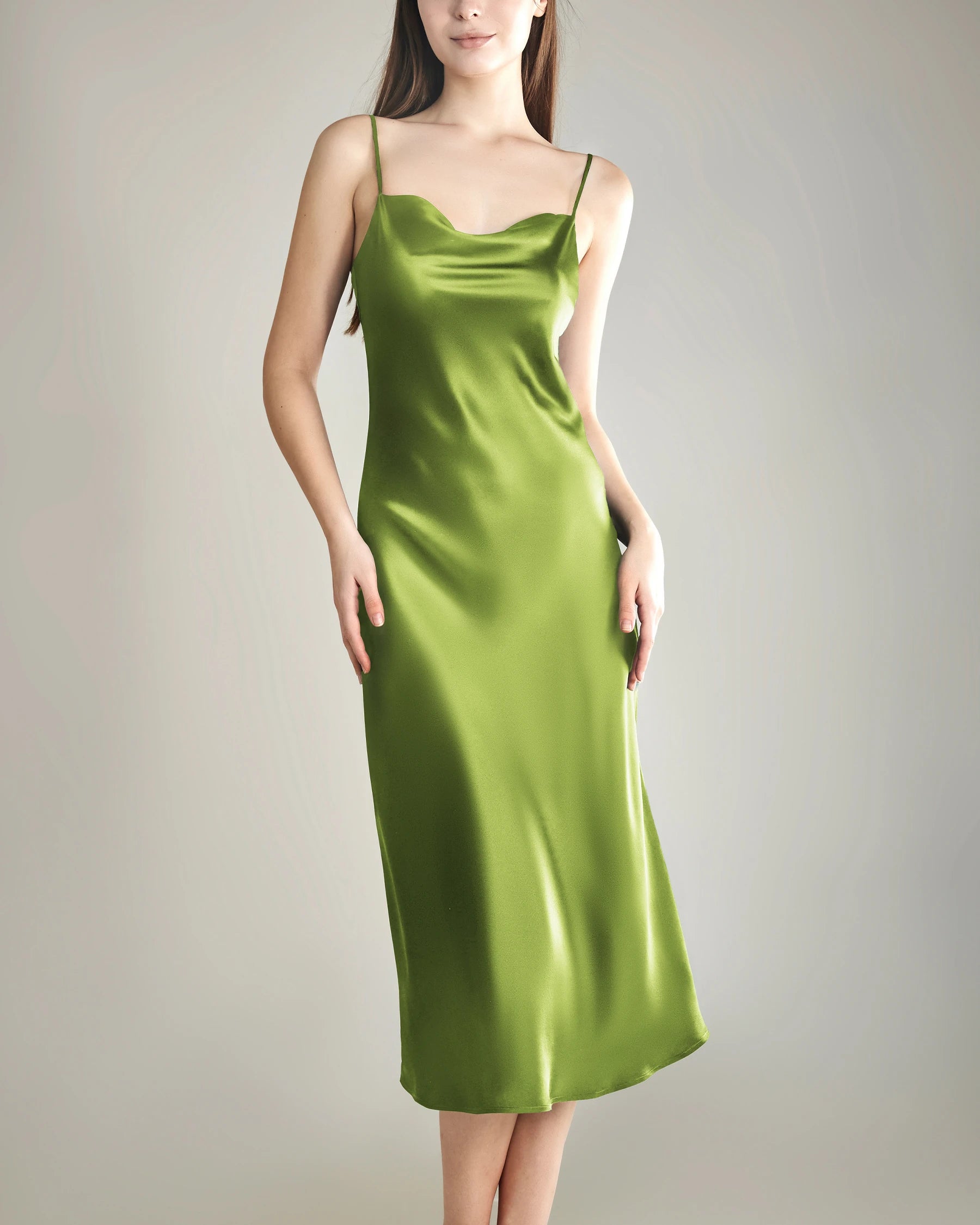 Elegant Silk Dress with Light Cowl Neckline, Mustard Green