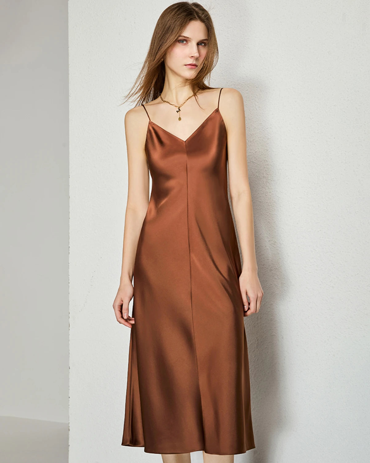 V-neck Silk Slip Midi Dress, Brown
