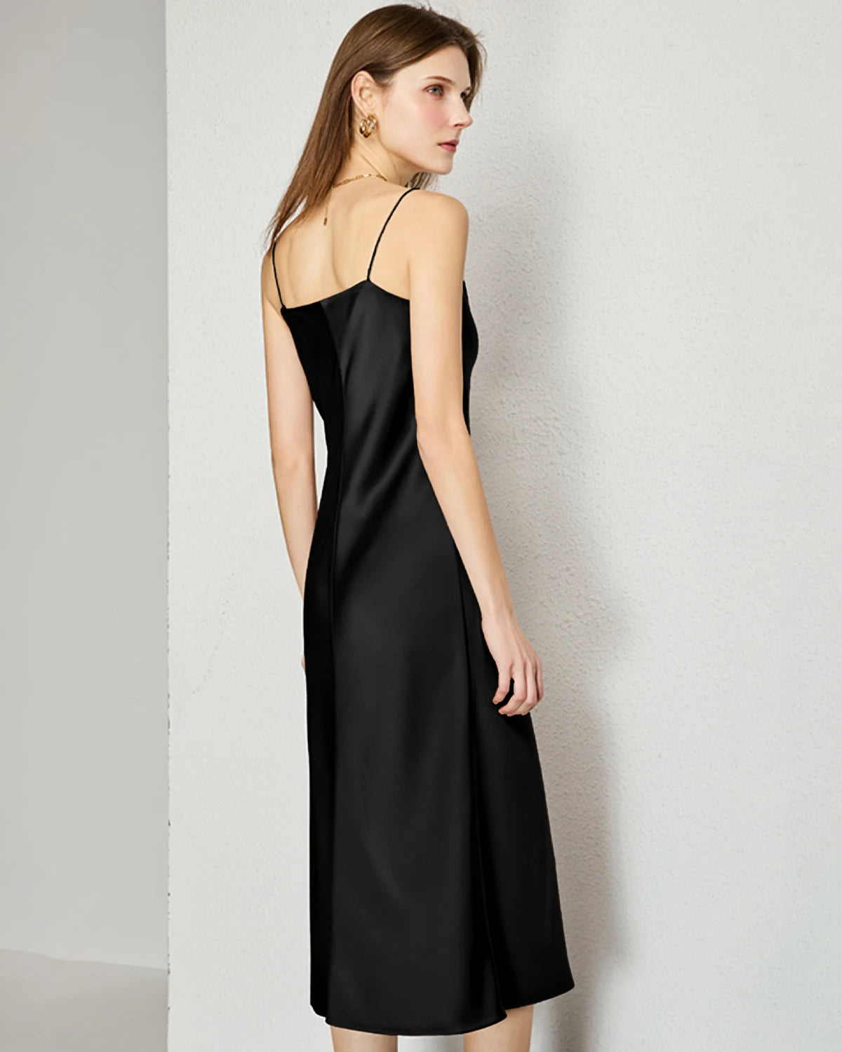 V-neck Silk Slip Midi Dress, Black
