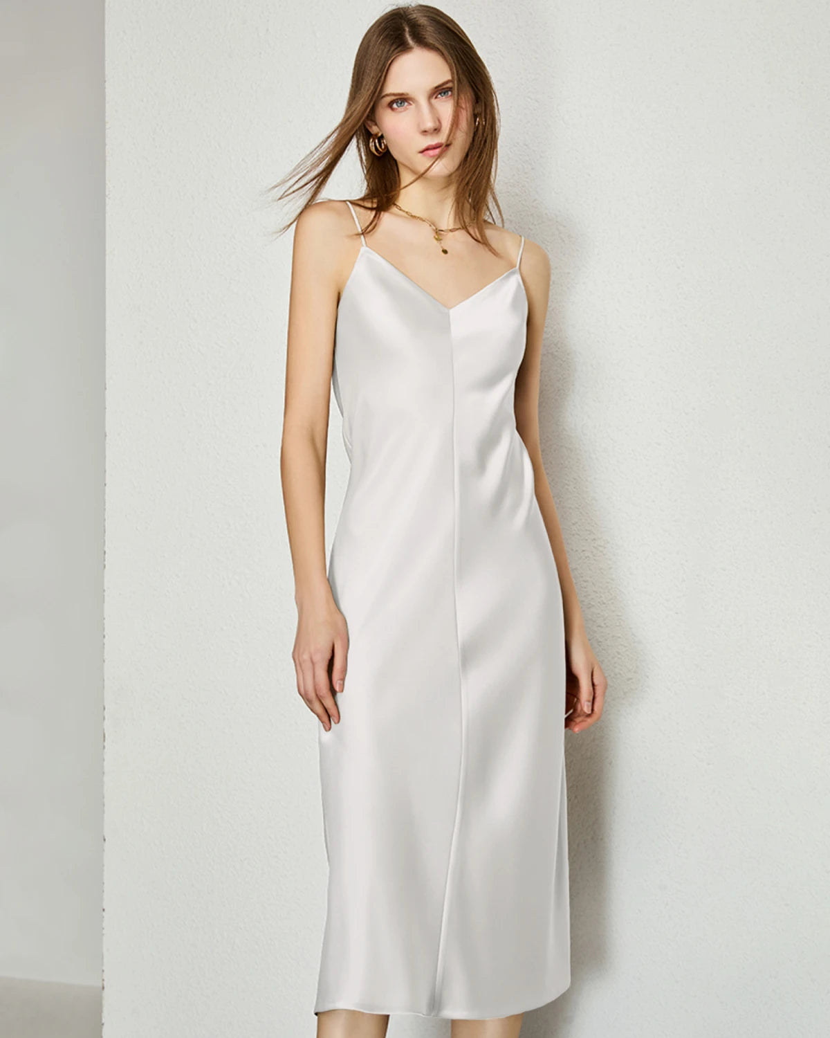V-neck Silk Slip Midi Dress, White