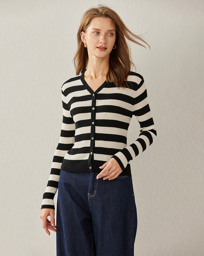 Classic Stripe V Neck Cardigan