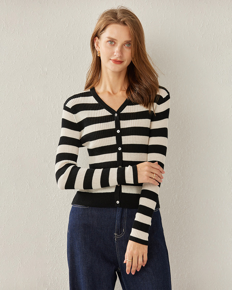 Classic Stripe V-Neck Cardigan, Black