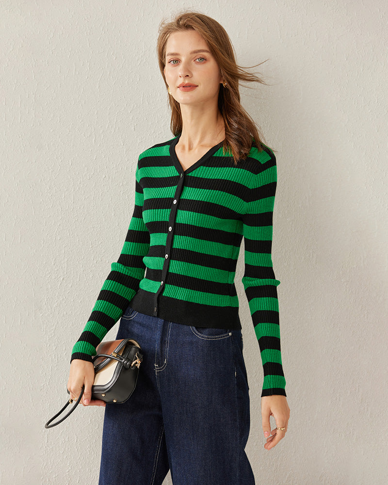 Classic Stripe V-Neck Cardigan, Green