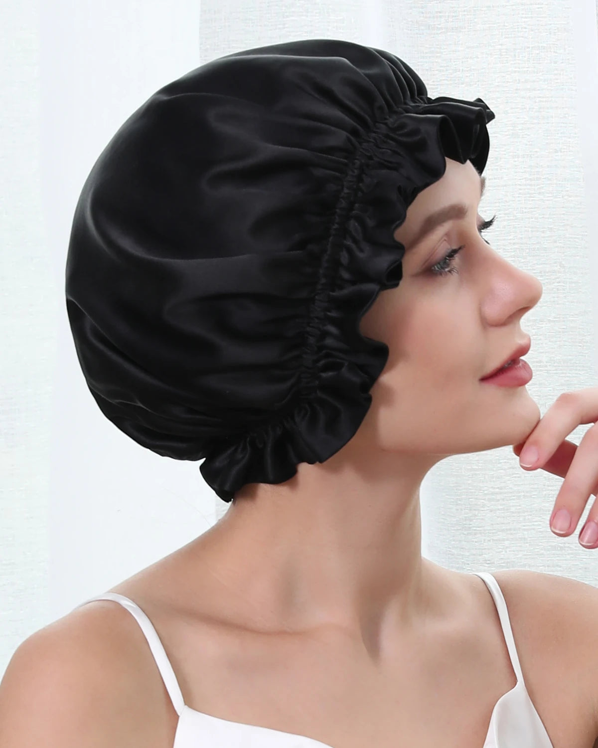 Flounced Silk Night Sleep Caps, Black