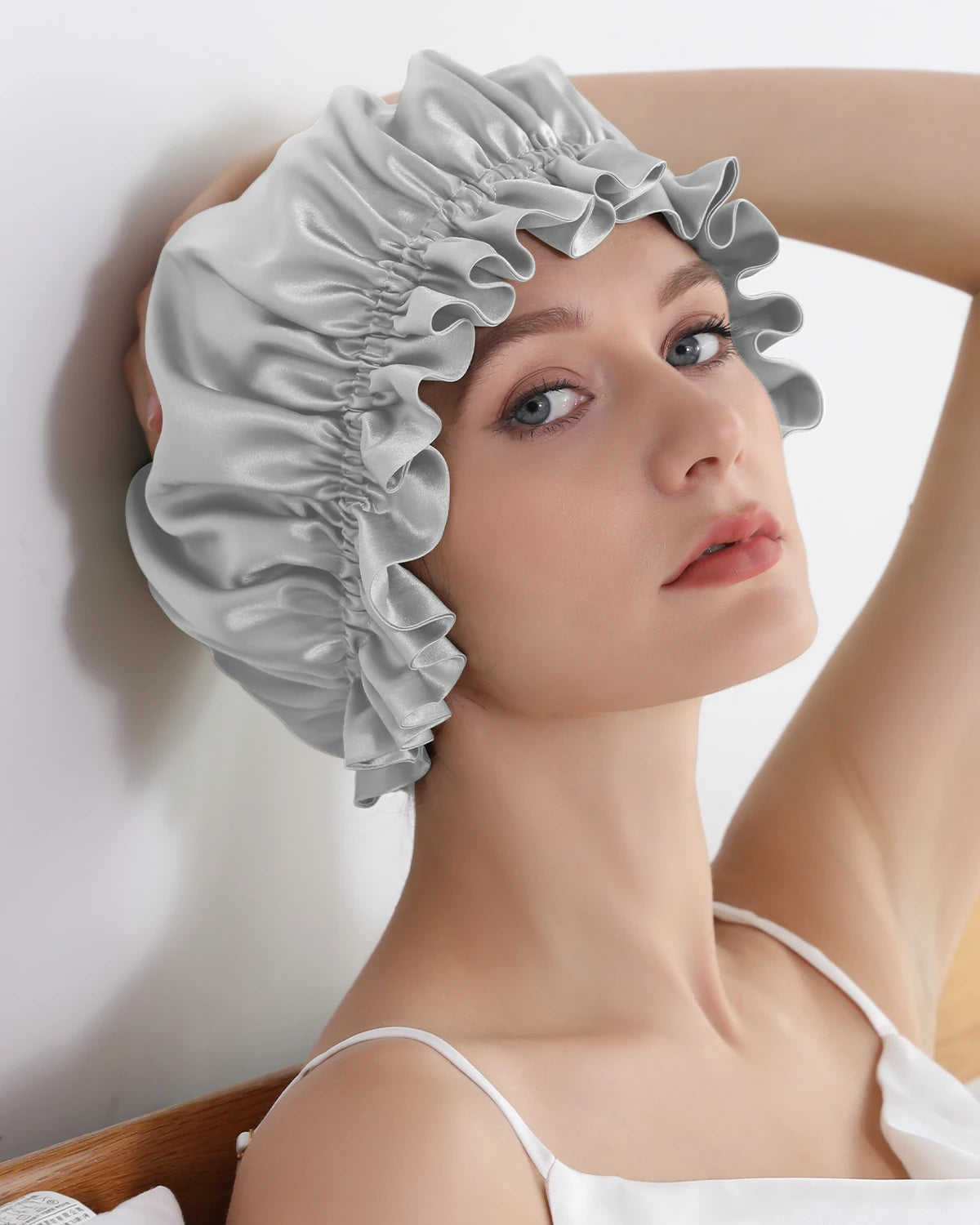 Flounced Silk Night Sleep Caps, Grey