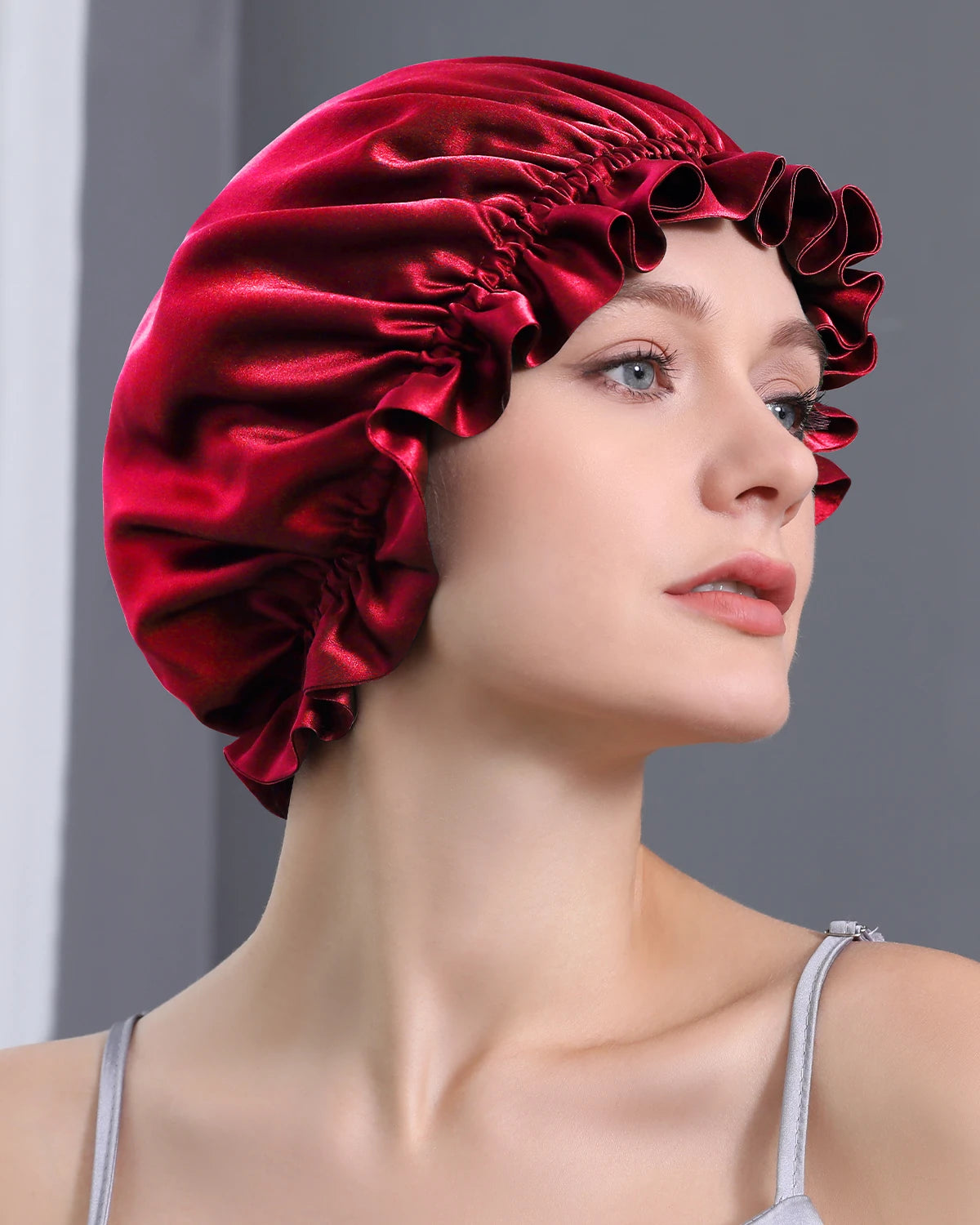 Flounced Silk Night Sleep Caps, Red