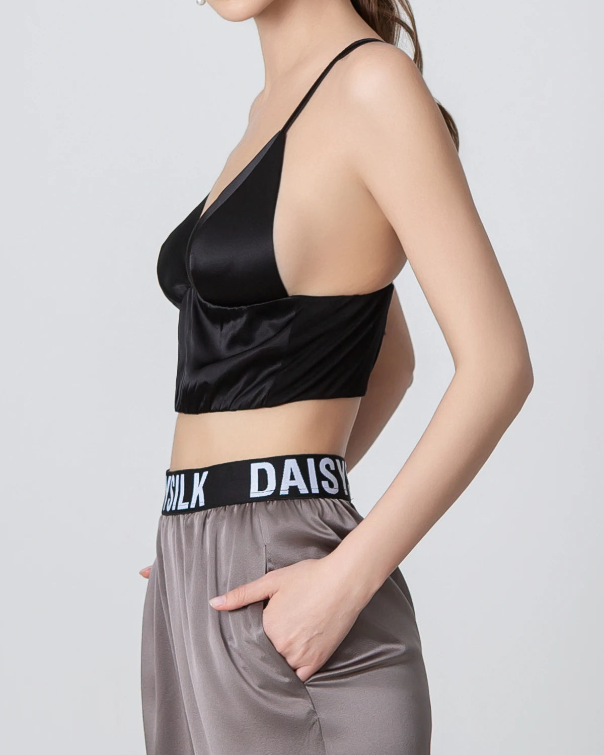 French Triangle Cup Camisole Silk Bra, Black