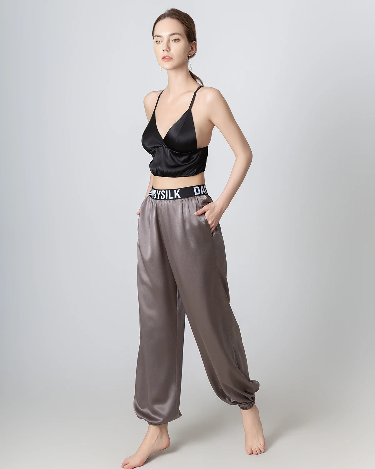 French Triangle Cup Camisole Silk Bra, Black