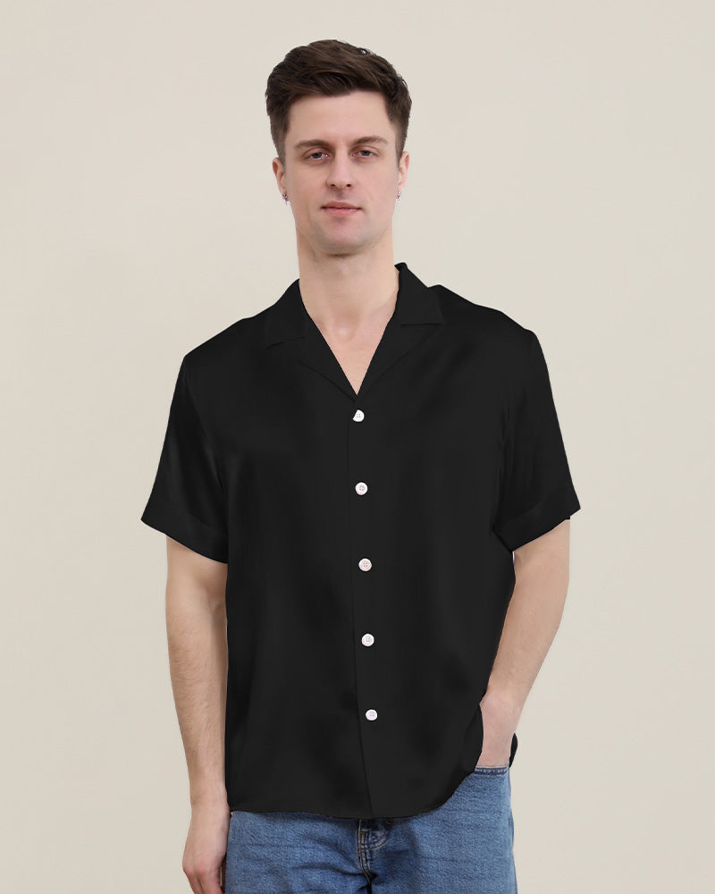 Gentle Lapel Collar Silk Short Shirt Blouse For Men - DAISYSILK