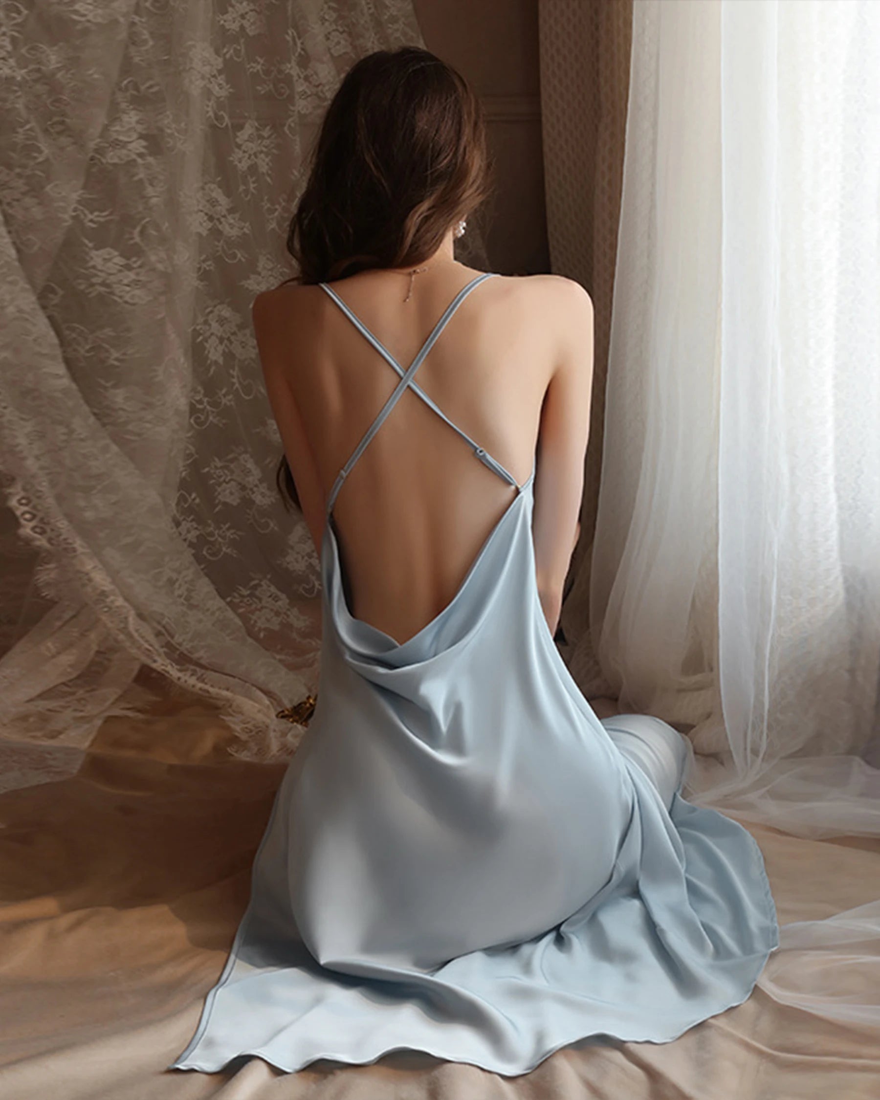 High Slit Backless Midi Silk Nightdress, Haze Blue