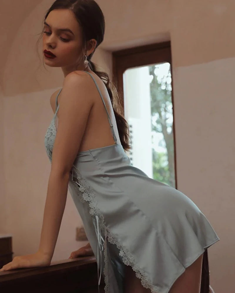 High Slit Lace Silk Nightdress, Haze Blue
