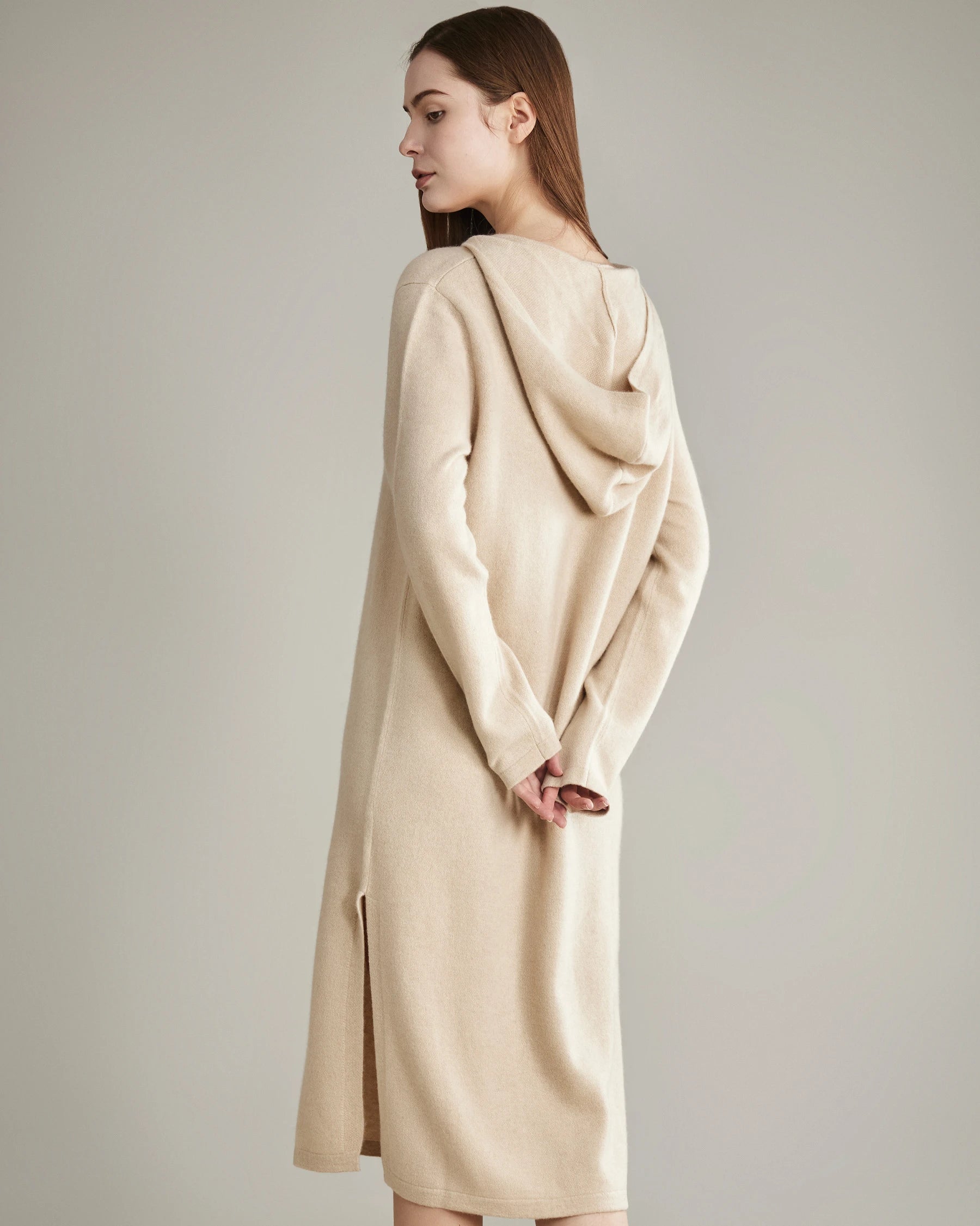 Hooded Knit Cashmere Dress, Beige