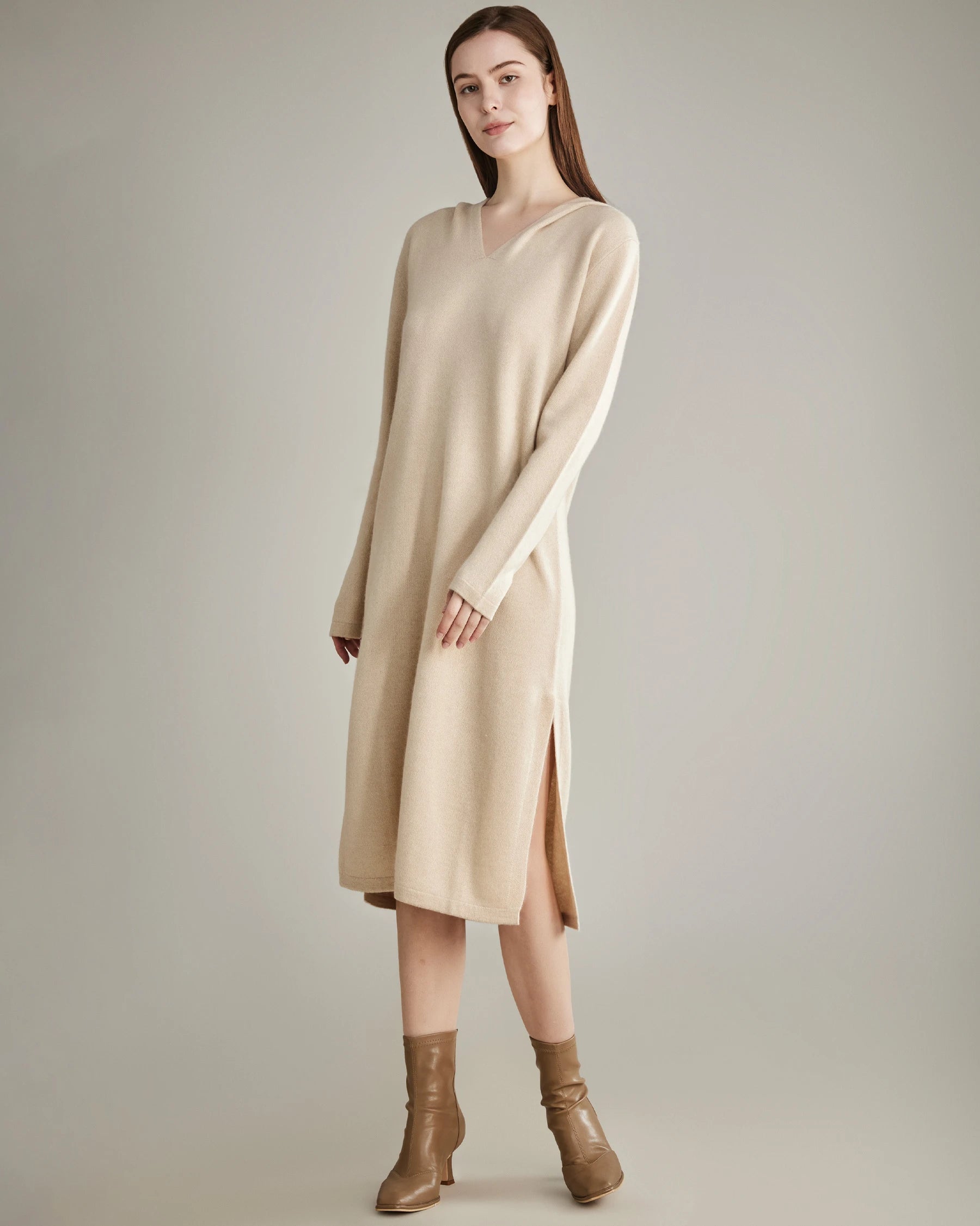 Hooded Knit Cashmere Dress, Beige