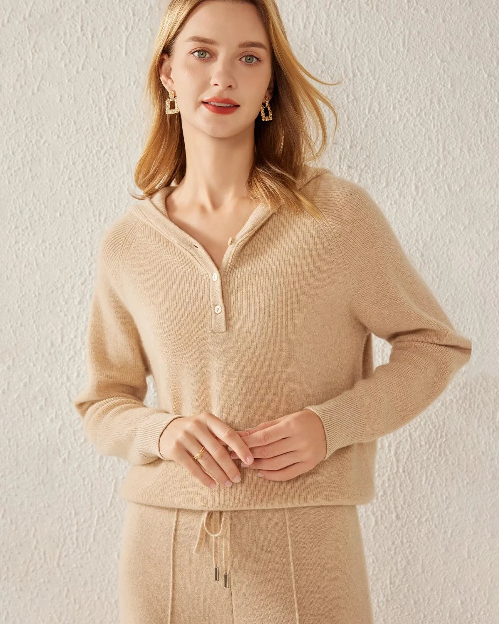 V-Neck Hooded Cashmere Sweater, Camel