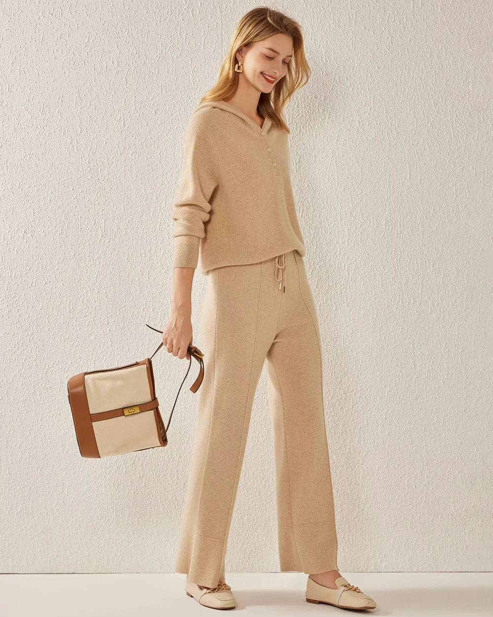 V-Neck Hooded Cashmere Sweater, Camel