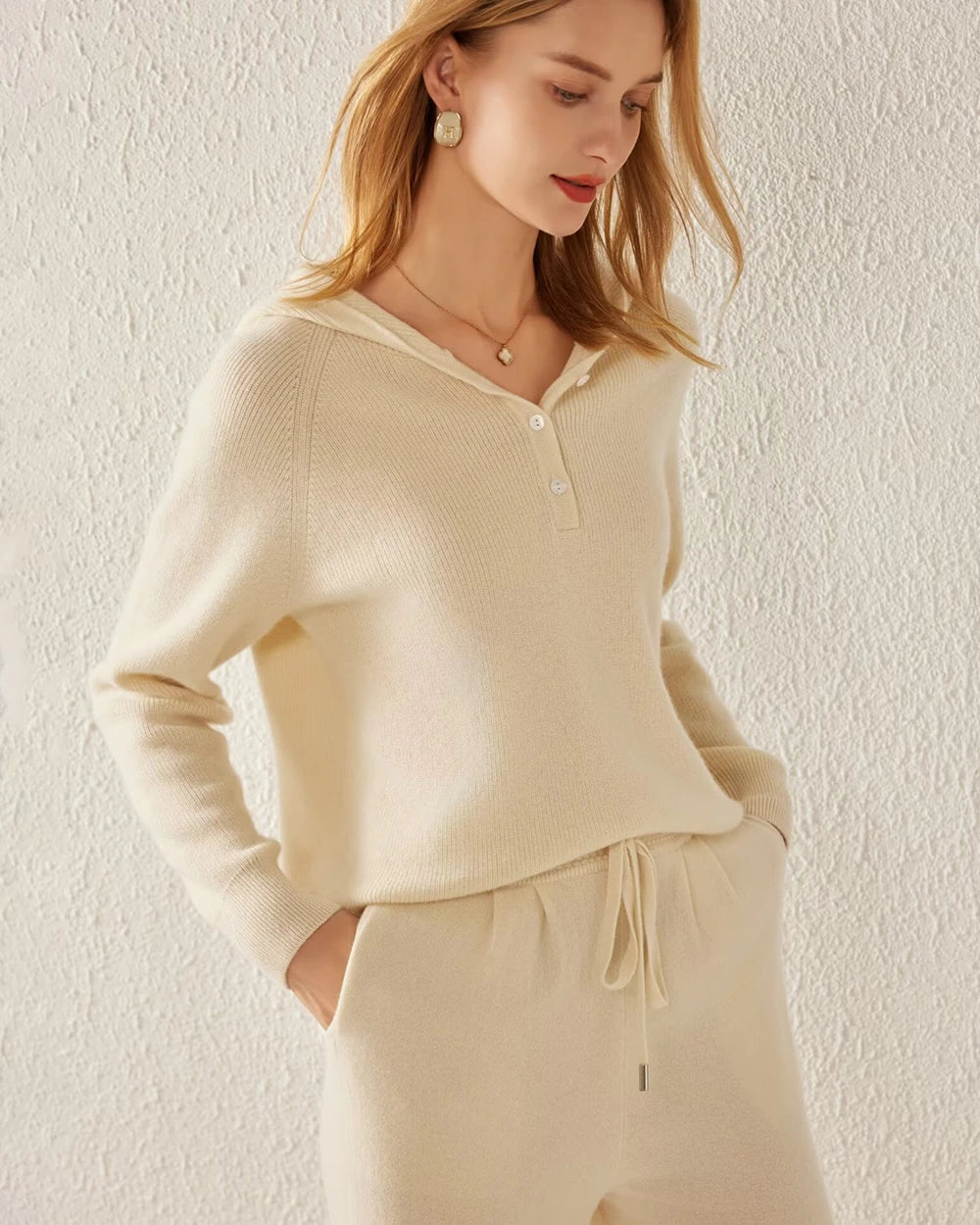 V-Neck Hooded Cashmere Sweater, White