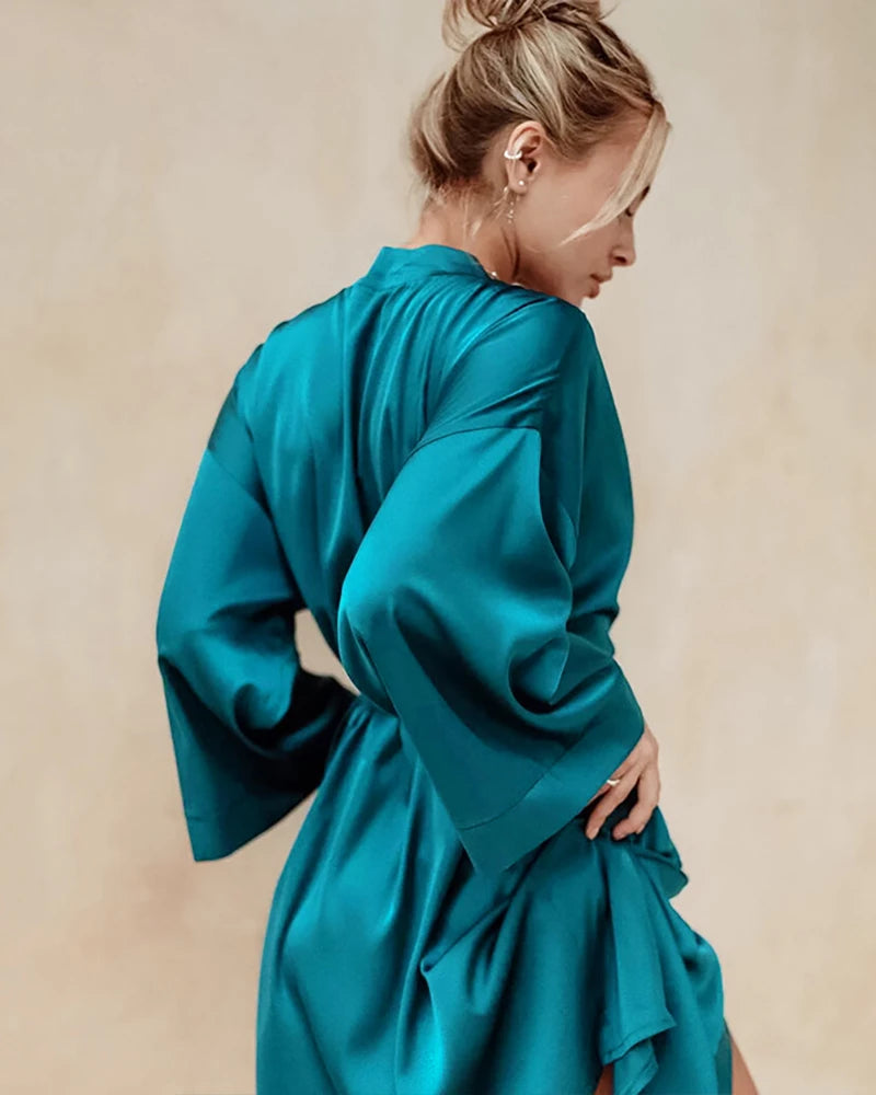 Knee-Length Silk Robe, Peacock Blue