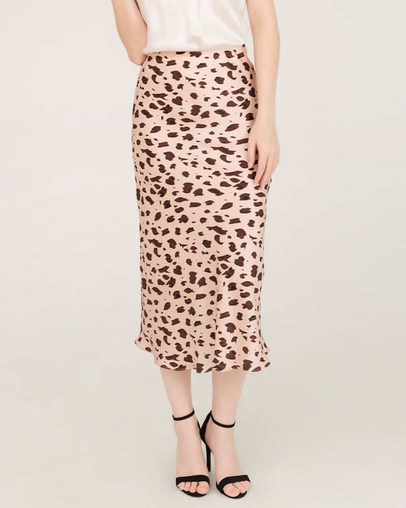 Leopard Print 100% Silk Midi Skirts, Rose Pink