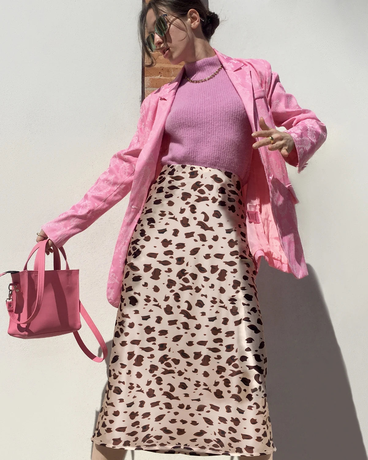 Leopard Print Silk Midi Skirts, Rose Pink