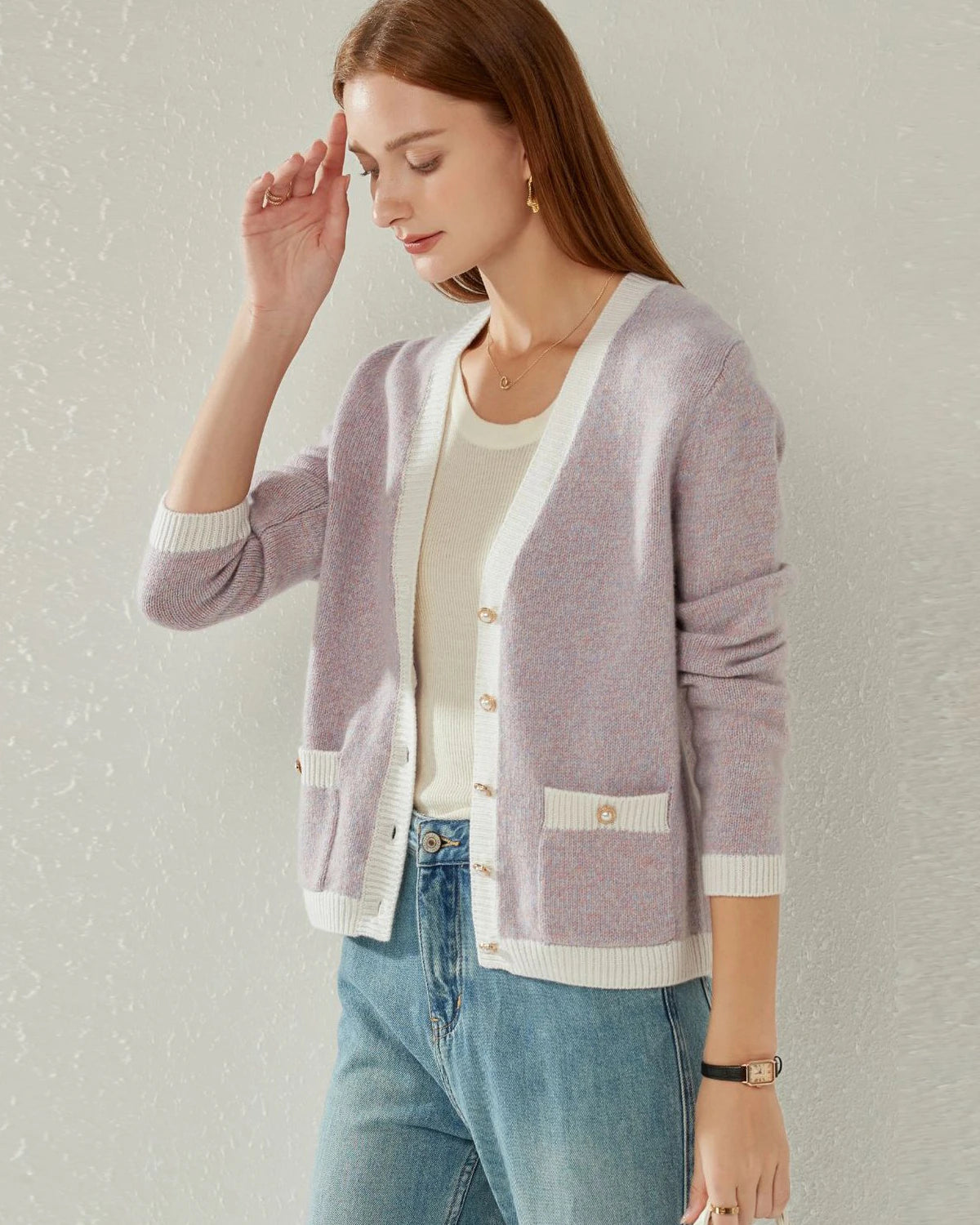 Lilac Cashmere Cardigan with Pearl Button, Lilac and White