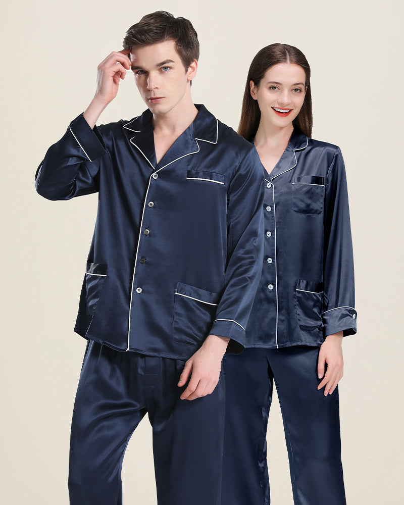 Long Silk Pajamas Home Wear For Couple, Navy