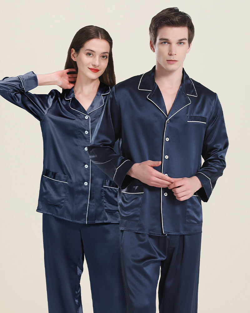 Long Silk Pajamas Home Wear For Couple, Navy