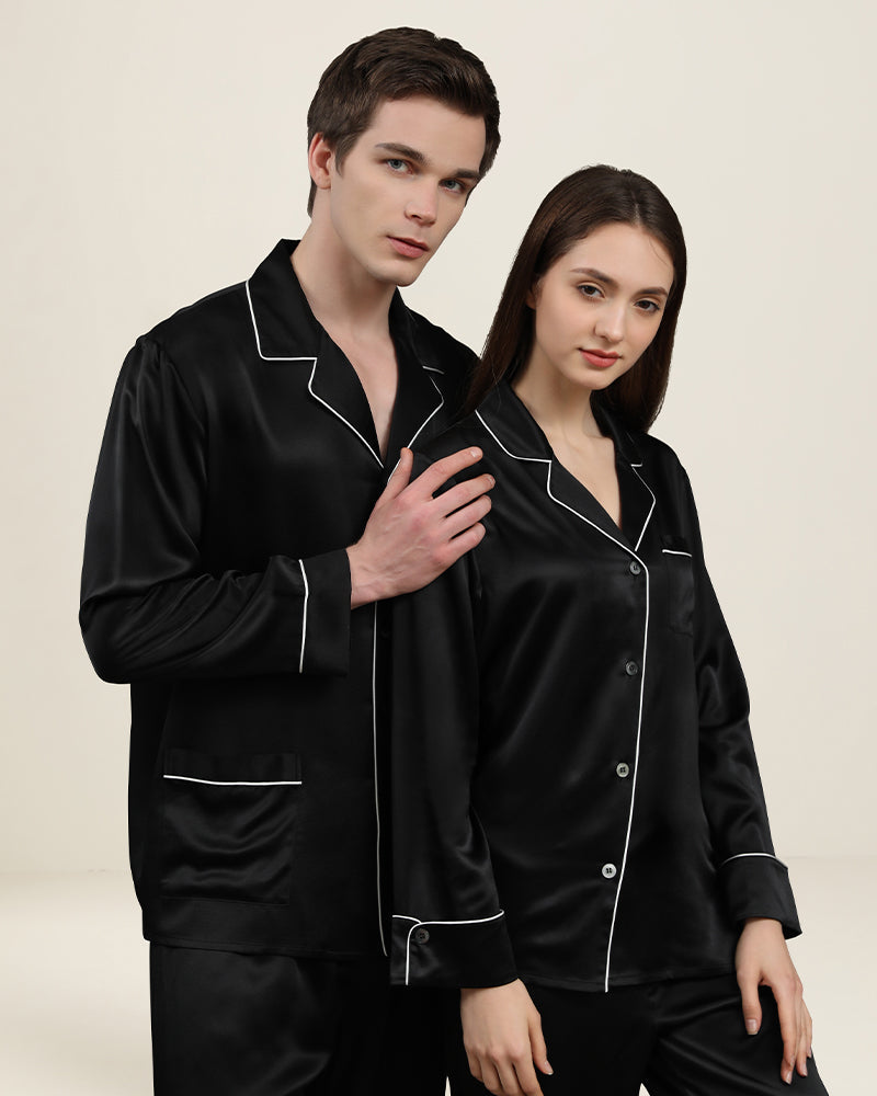 Long Silk Pajama Set For Couples, Black