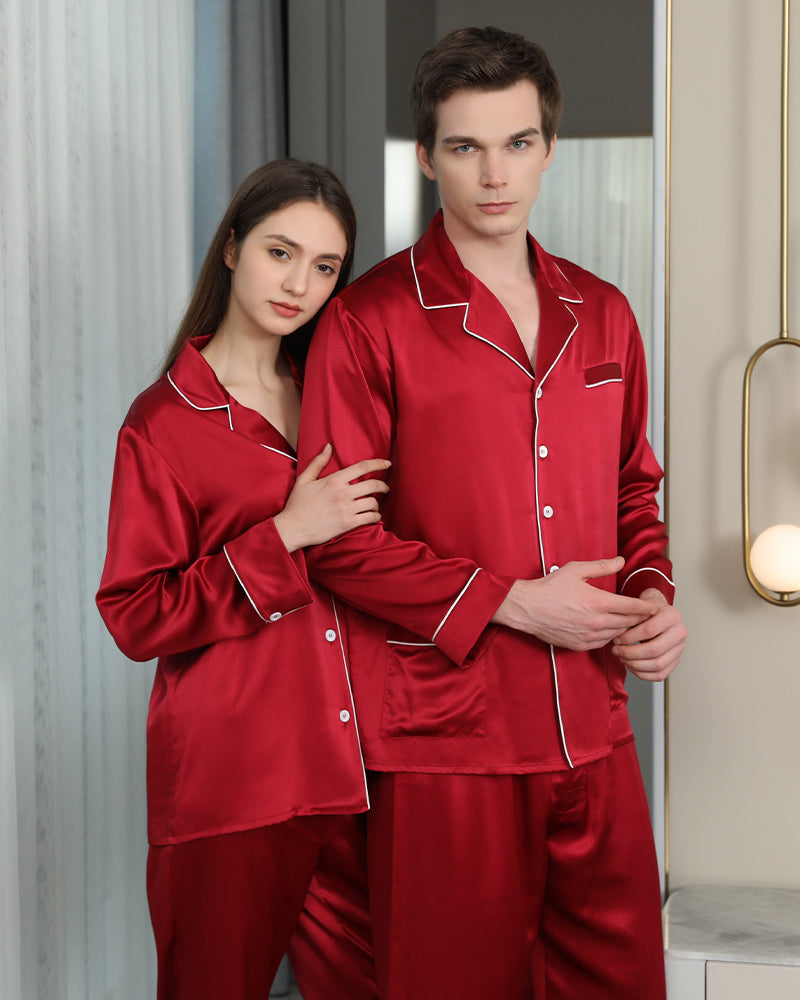 Long Silk Pajama Set For Couples, Burgundy