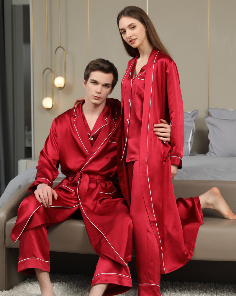 Long Silk Robes and Pajamas For Couples, Burgundy