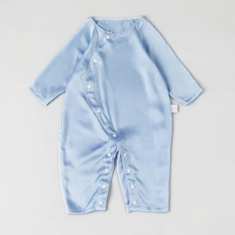 Long Sleeve Button Down Baby Silk Onesies, Blue