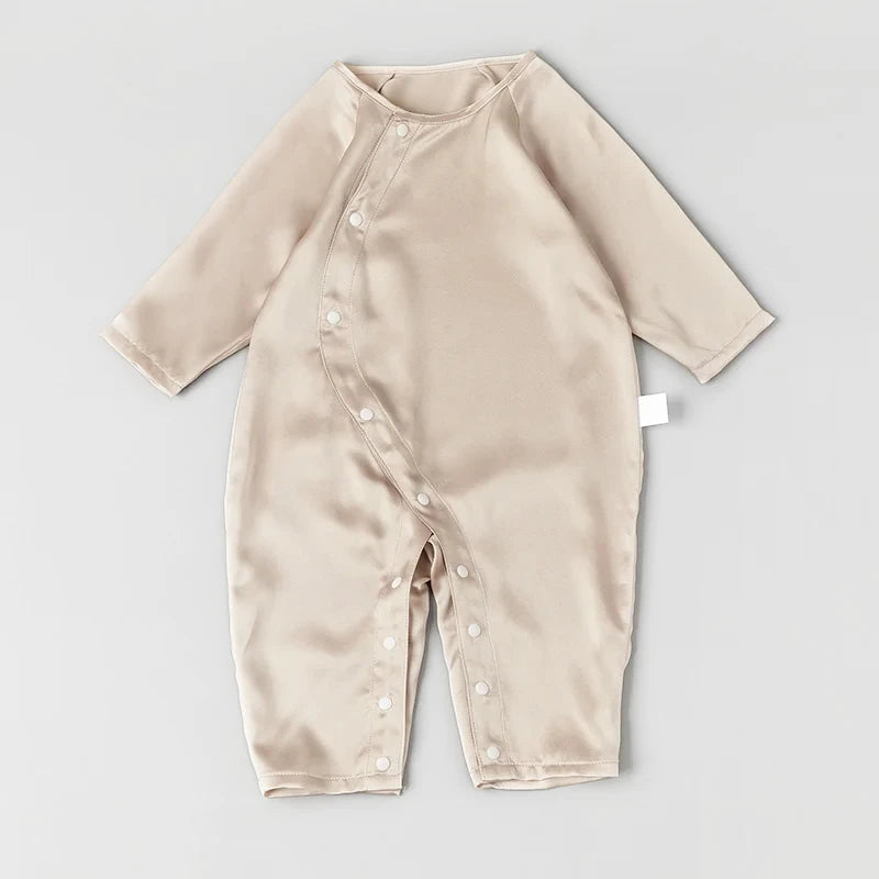 Long Sleeve Button Down Baby Silk Onesies, Champagne