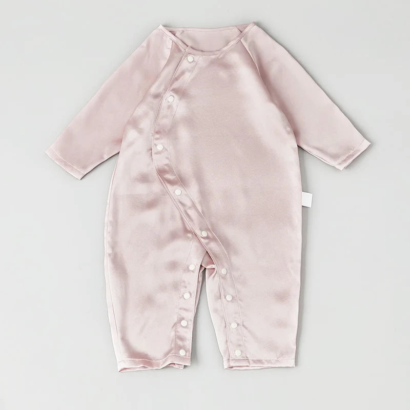 Long Sleeve Button Down Baby Silk Onesies, Pink