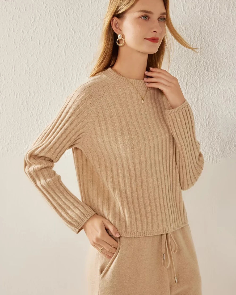 Long Sleeve Ribbed Cashmere Sweater, Camel