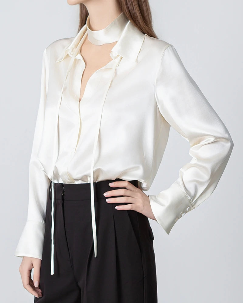 Women's Loose Tie Neck Silk Shirt, White