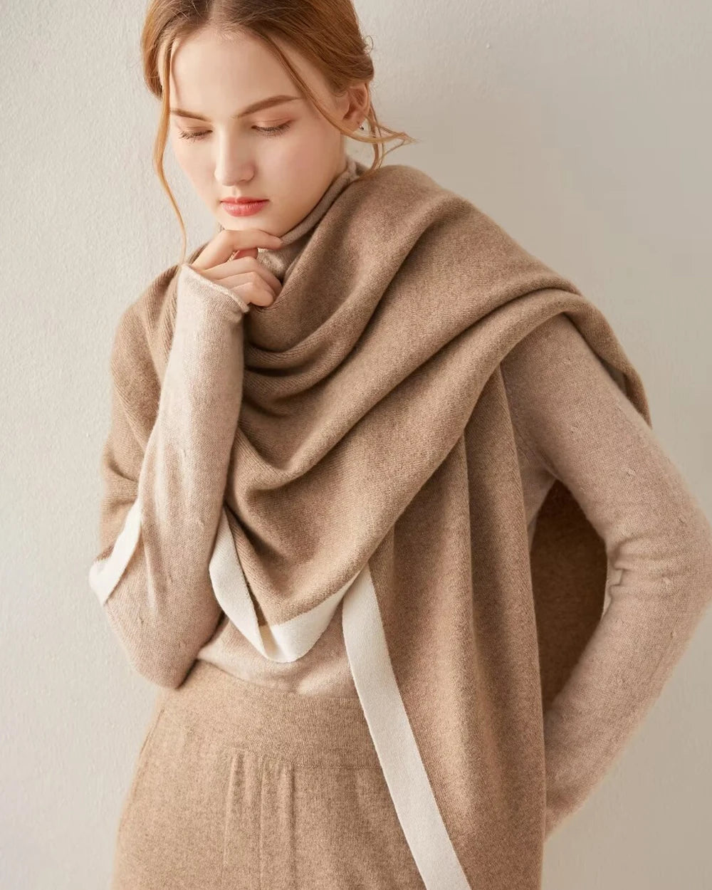Luxe Cashmere Color-Blocked Wrap, Camel
