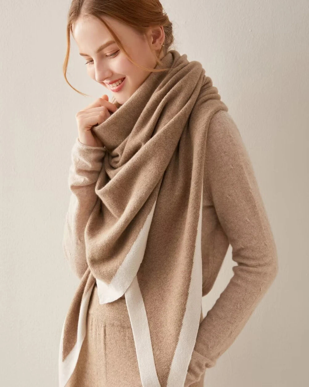 Luxe Cashmere Color-Blocked Wrap, Camel