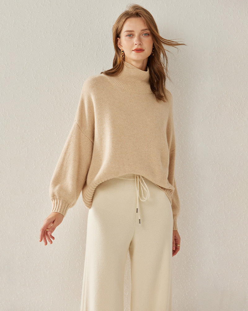 Luxe Oversized Cashmere Turtleneck Sweater, Beige