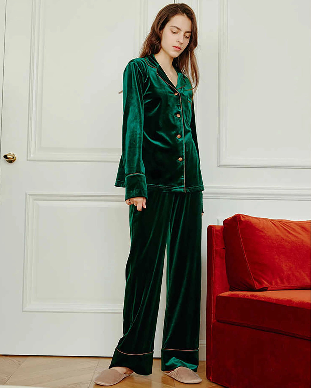 Women's Silk Velvet Pajama Set, Dark Green