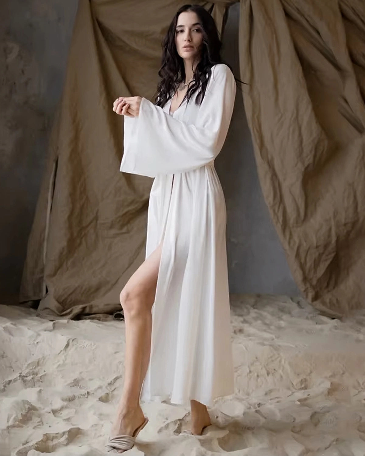 Luxury Long Silk Robe For Women, White