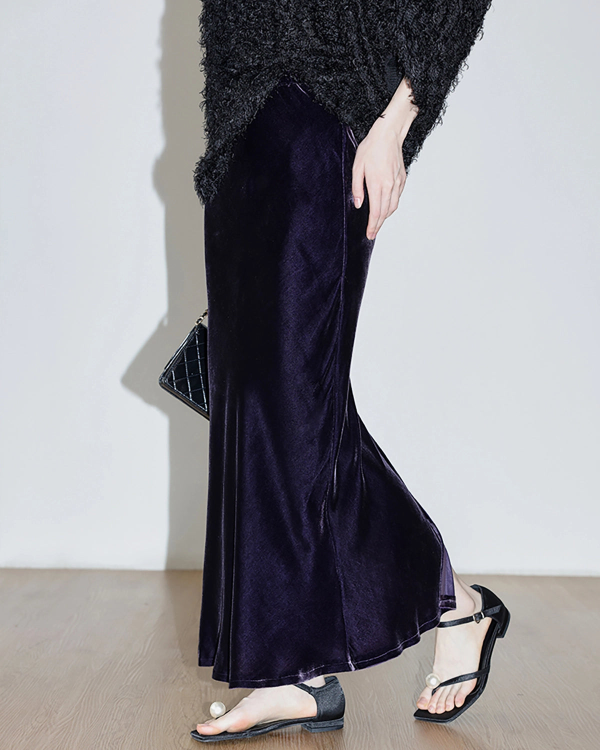 Silk Velvet Side Slit Maxi Skirt, Purple
