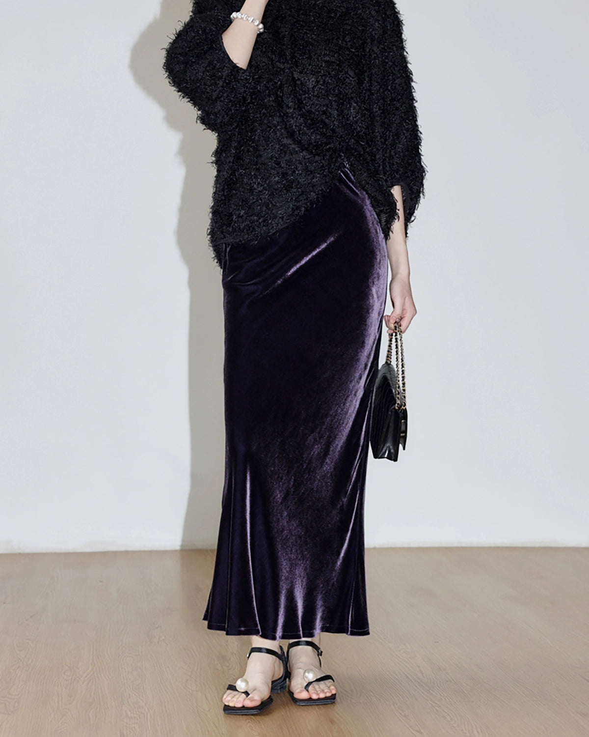 Silk Velvet Side Slit Maxi Skirt, Purple